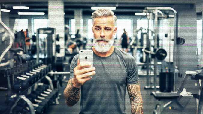 A fit, middle-aged man with gray hair and a beard takes a selfie with his smartphone in a modern gym, surrounded by workout equipment and weights.