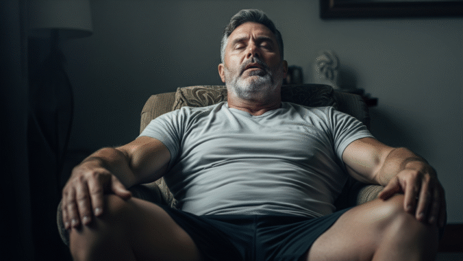 A middle-aged man with gray hair and a beard sits in an armchair, eyes closed, appearing relaxed or possibly meditating, wearing a gray t-shirt and black shorts in a softly lit room.