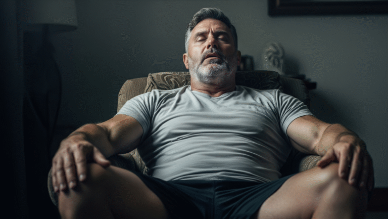 A middle-aged man with gray hair and a beard sits in an armchair, eyes closed, appearing relaxed or possibly meditating, wearing a gray t-shirt and black shorts in a softly lit room.
