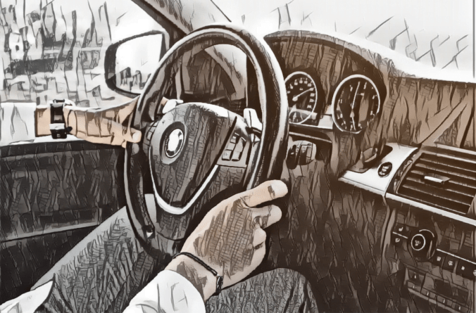 Illustrated image of a person driving a BMW, showing their hands on the steering wheel and dashboard instruments in view. The scene is stylized with sketch-like effects.