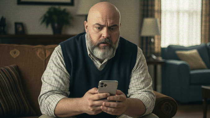 A middle-aged man with a bald head and gray beard sits on a couch, looking intently at his smartphone. The room has warm lighting, a plant, framed picture, and a window with curtains in the background.