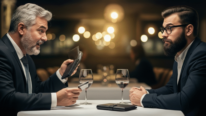 Two men in suits sit across from each other at a restaurant table with wine glasses, one with his wallet and credit card out while the other listens attentively. The background is softly lit with warm, blurred lights.