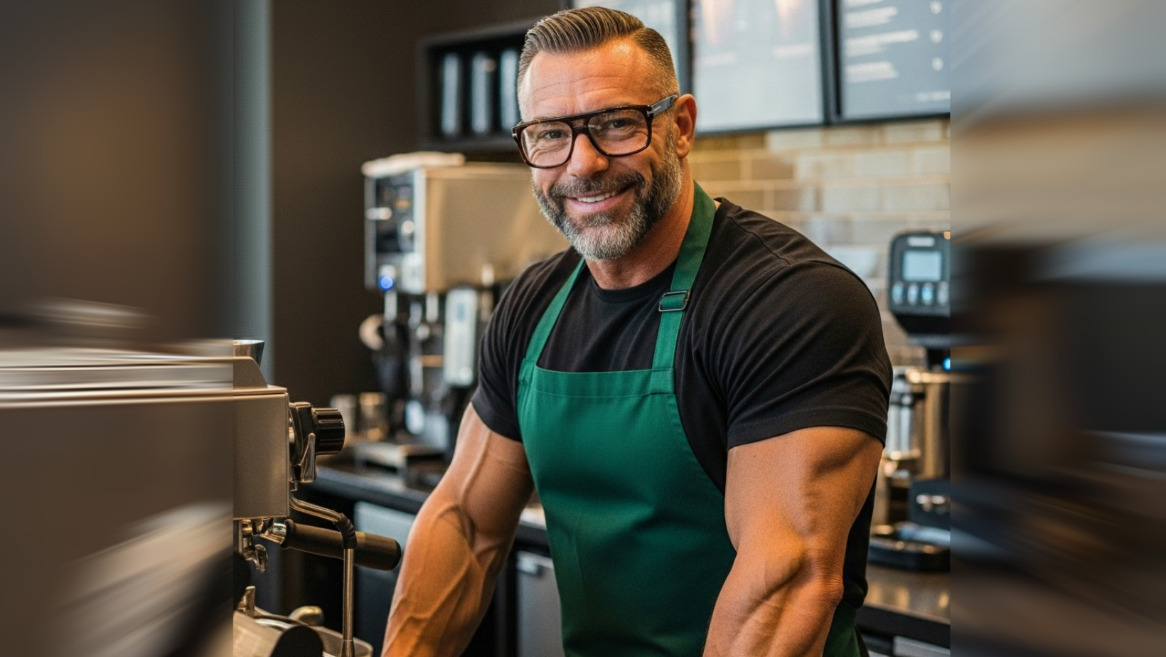 A smiling muscular male barista with glasses and a green apron stands behind a coffee machine in a modern café, ready to prepare a drink.
