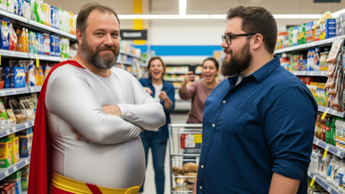 A man in a superhero costume stands confidently with arms crossed in a grocery store aisle, facing another man in casual clothes. In the background, two women laugh and take photos.