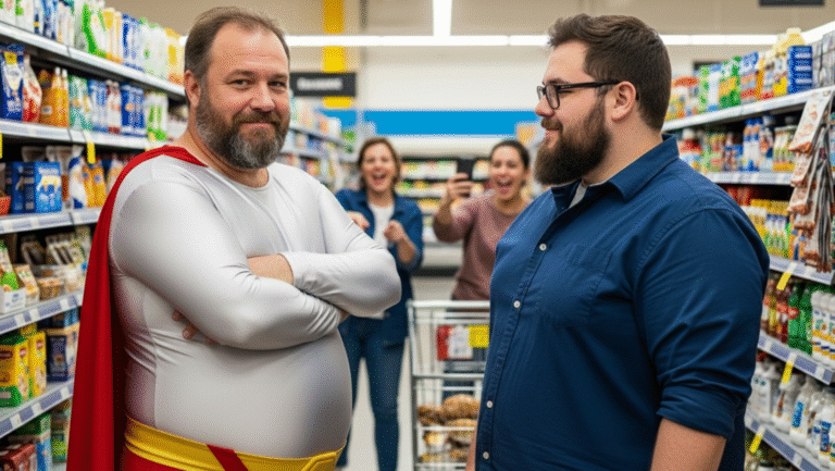 A man in a superhero costume stands confidently with arms crossed in a grocery store aisle, facing another man in casual clothes. In the background, two women laugh and take photos.