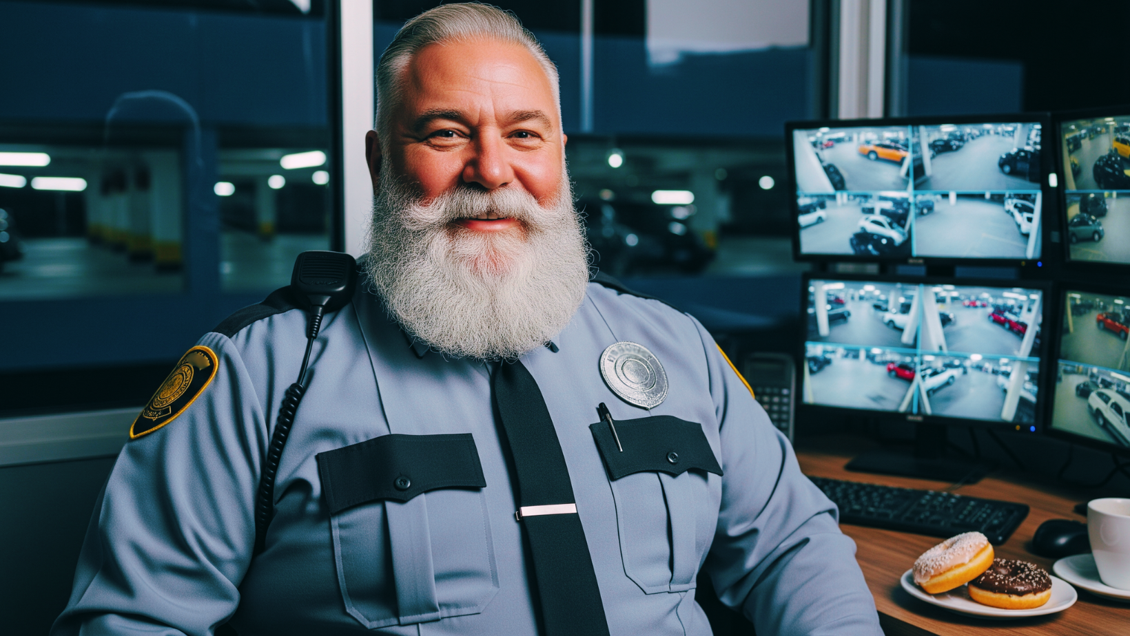 A smiling security guard with a white beard sits at a desk in a parking garage office, wearing a uniform. Multiple security cameras display parking lot footage on monitors behind him. A coffee and two donuts are on the desk.