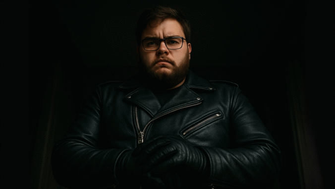 A serious man with a beard and glasses wears a black leather jacket and gloves, standing in low light with a stern expression.