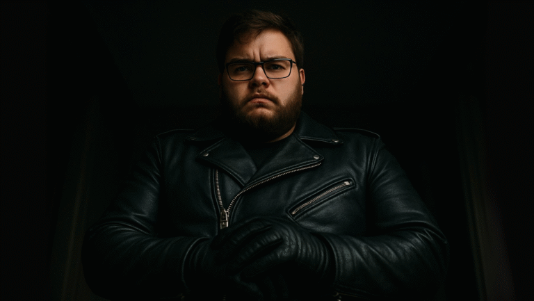 A serious man with a beard and glasses wears a black leather jacket and gloves, standing in low light with a stern expression.