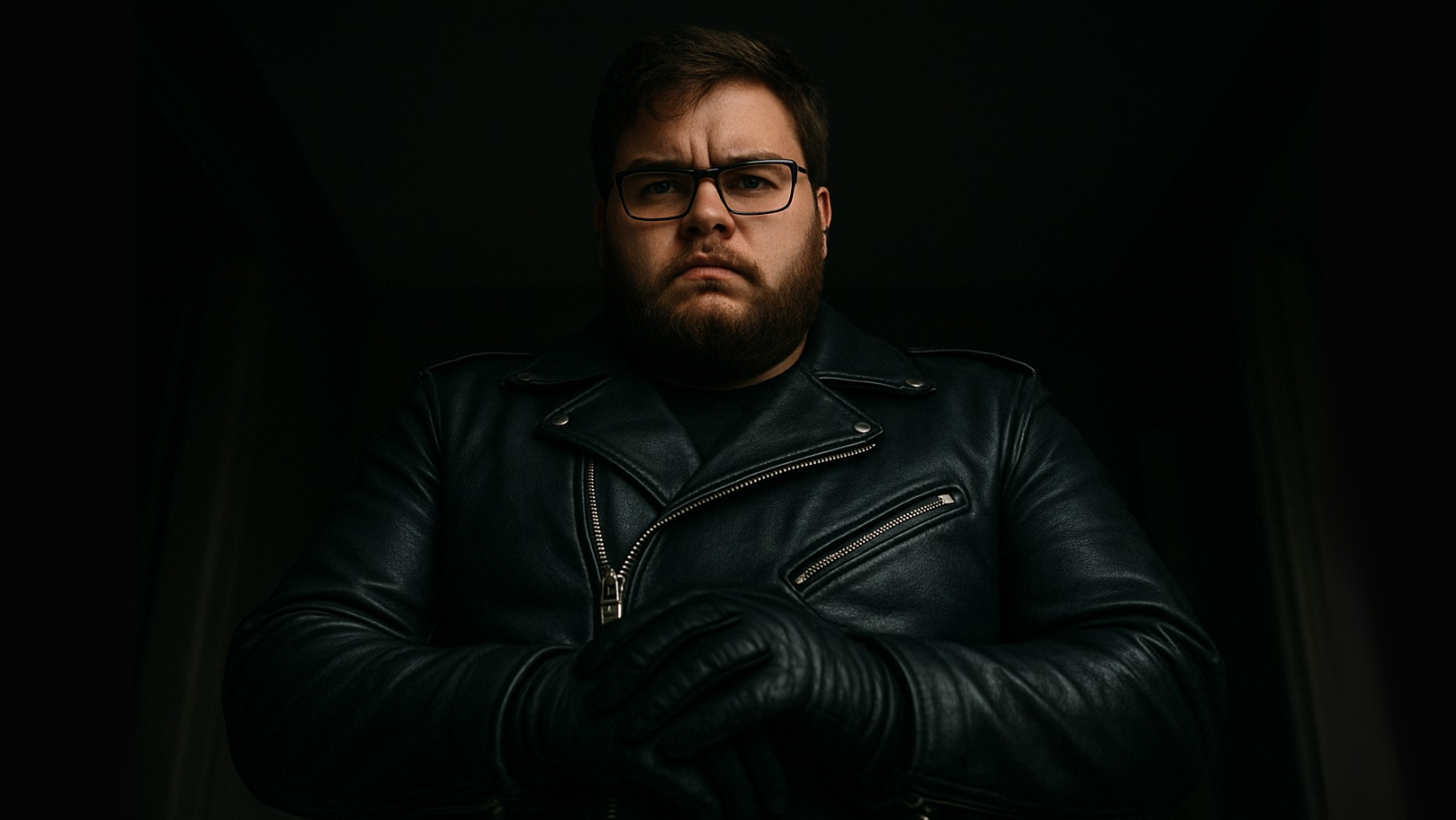 A serious man with a beard and glasses wears a black leather jacket and gloves, standing in low light with a stern expression.