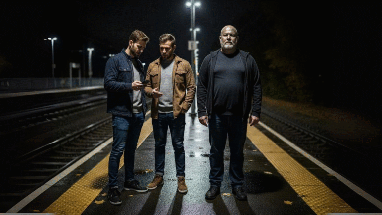 Three men stand on a train platform at night under bright lights. Two of them are looking at a phone, while the third stands slightly apart, looking forward. The platform is empty and the scene is dimly lit.