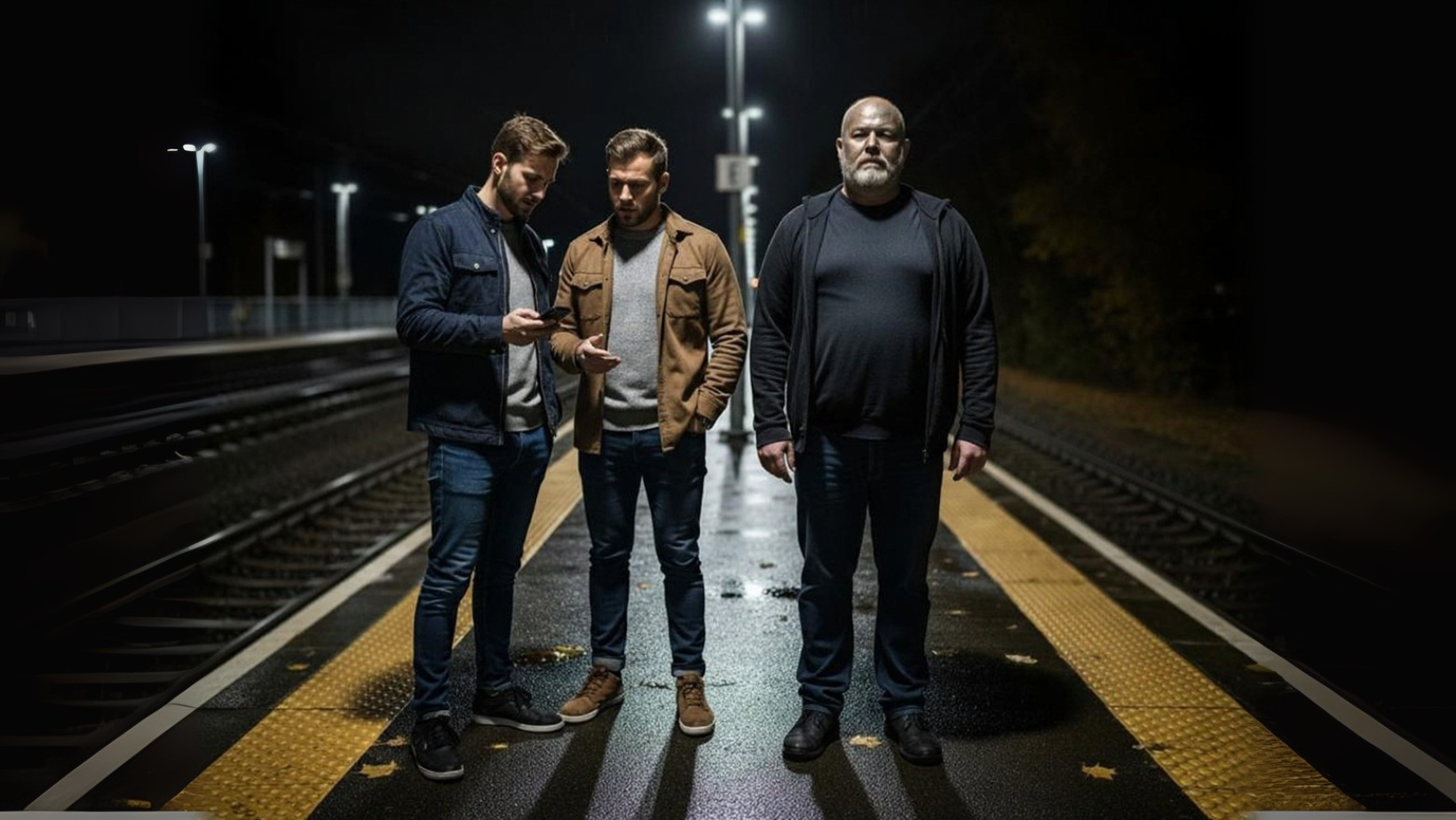 Three men stand on a train platform at night under bright lights. Two of them are looking at a phone, while the third stands slightly apart, looking forward. The platform is empty and the scene is dimly lit.
