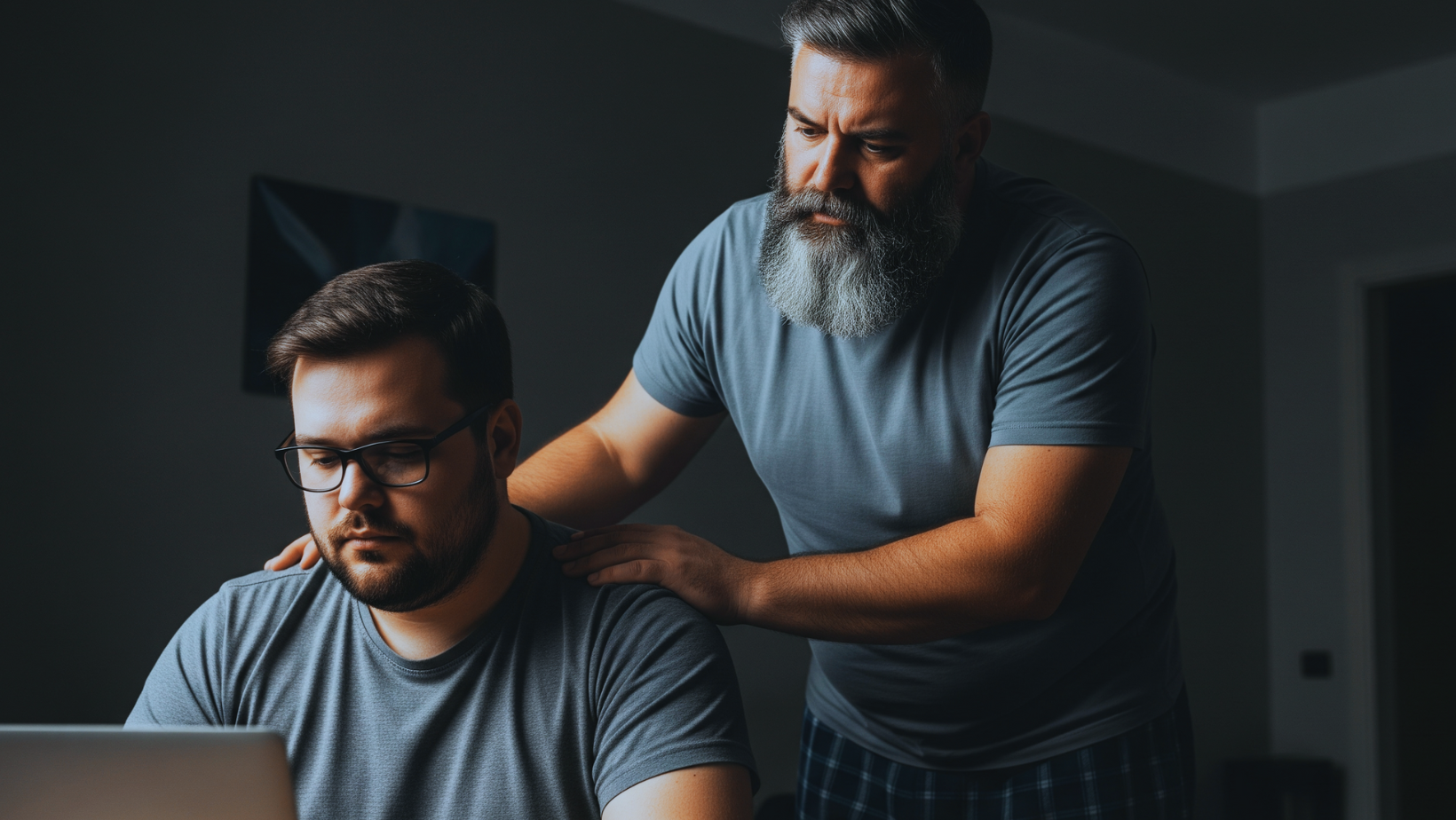 Two men indoors: one sits at a laptop looking serious while the other, standing behind him, gently places his hands on the seated man’s shoulders in a comforting gesture. Both wear gray shirts.