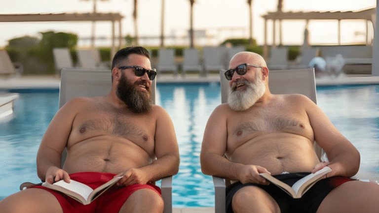 Two men with beards and sunglasses relax on lounge chairs by a pool, smiling and enjoying books. The background shows a sunny outdoor setting with palm trees and shaded areas.