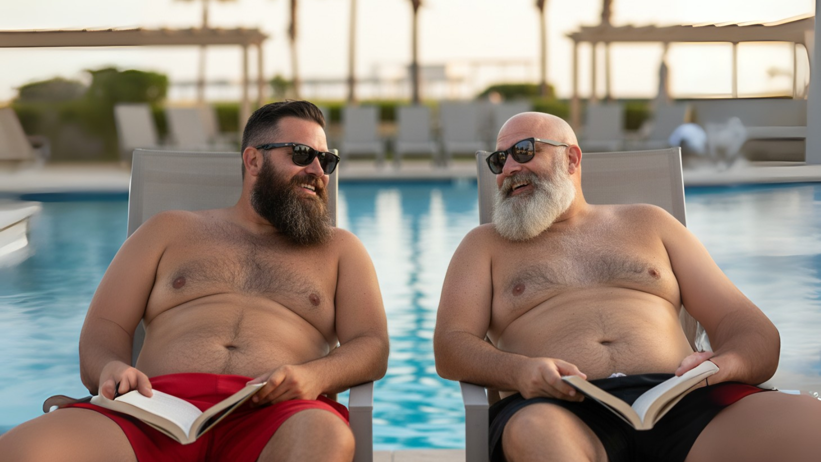 Two men with beards and sunglasses relax on lounge chairs by a pool, smiling and enjoying books. The background shows a sunny outdoor setting with palm trees and shaded areas.