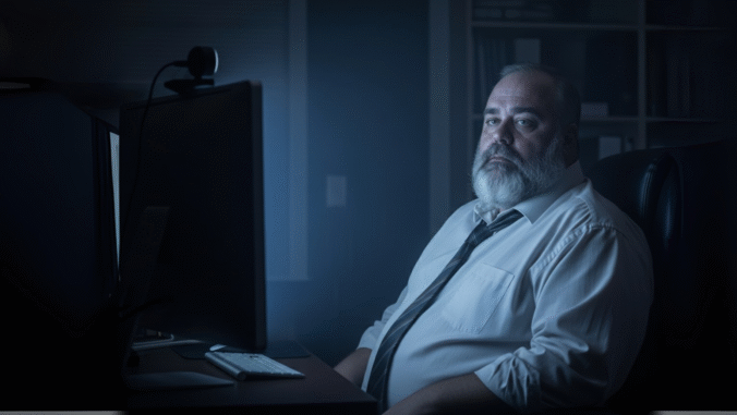 A middle-aged man with a beard, wearing a white shirt and tie, sits at a desk in a dimly lit room, facing a computer monitor and webcam, with shelves and folders in the background.