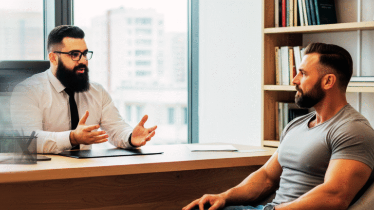 Two men sit across from each other at an office desk, engaged in conversation. One wears glasses and a dress shirt, gesturing with his hands, while the other wears a fitted t-shirt and listens attentively.