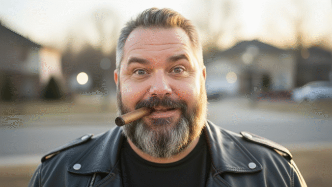 A bearded man in a black leather jacket smiles playfully while holding a cigar in his mouth. He stands outdoors in a suburban neighborhood with soft sunlight in the background.