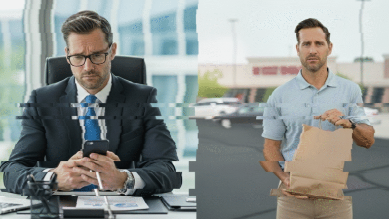 A split image shows a man in a suit looking at his phone in an office on the left, and the same man casually dressed holding a paper bag in a parking lot on the right; both sides have digital glitch effects.