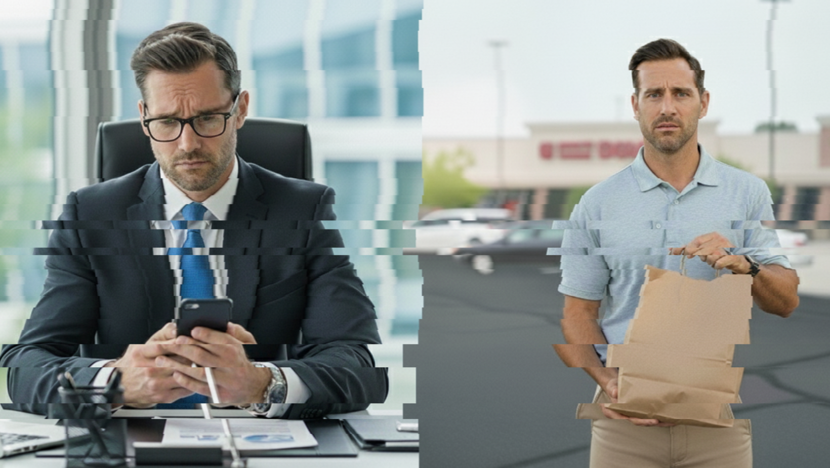 A split image shows a man in a suit looking at his phone in an office on the left, and the same man casually dressed holding a paper bag in a parking lot on the right; both sides have digital glitch effects.
