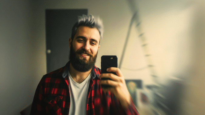 A bearded man with gray hair, wearing a red plaid shirt over a white t-shirt, smiles while taking a selfie with his smartphone in a softly lit, blurred indoor setting.