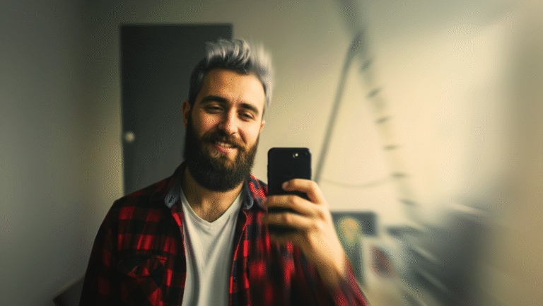 A bearded man with gray hair, wearing a red plaid shirt over a white t-shirt, smiles while taking a selfie with his smartphone in a softly lit, blurred indoor setting.