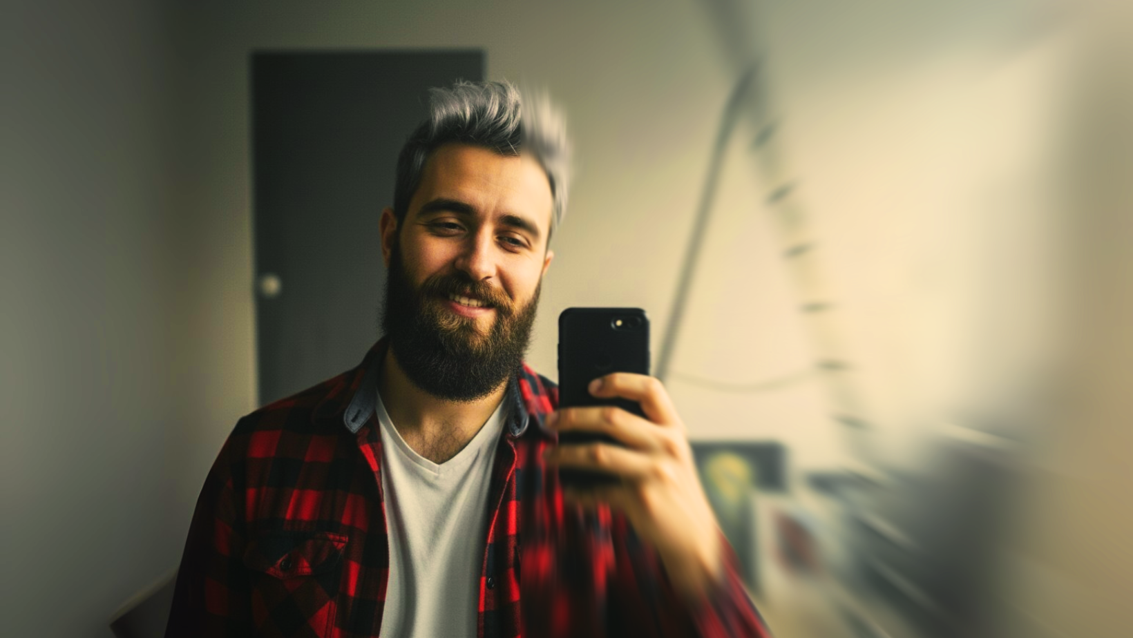 A bearded man with gray hair, wearing a red plaid shirt over a white t-shirt, smiles while taking a selfie with his smartphone in a softly lit, blurred indoor setting.