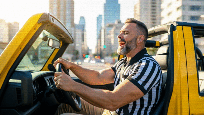A man wearing a striped shirt joyfully drives a yellow convertible with the top down through a city street, with tall buildings and sunlight in the background.