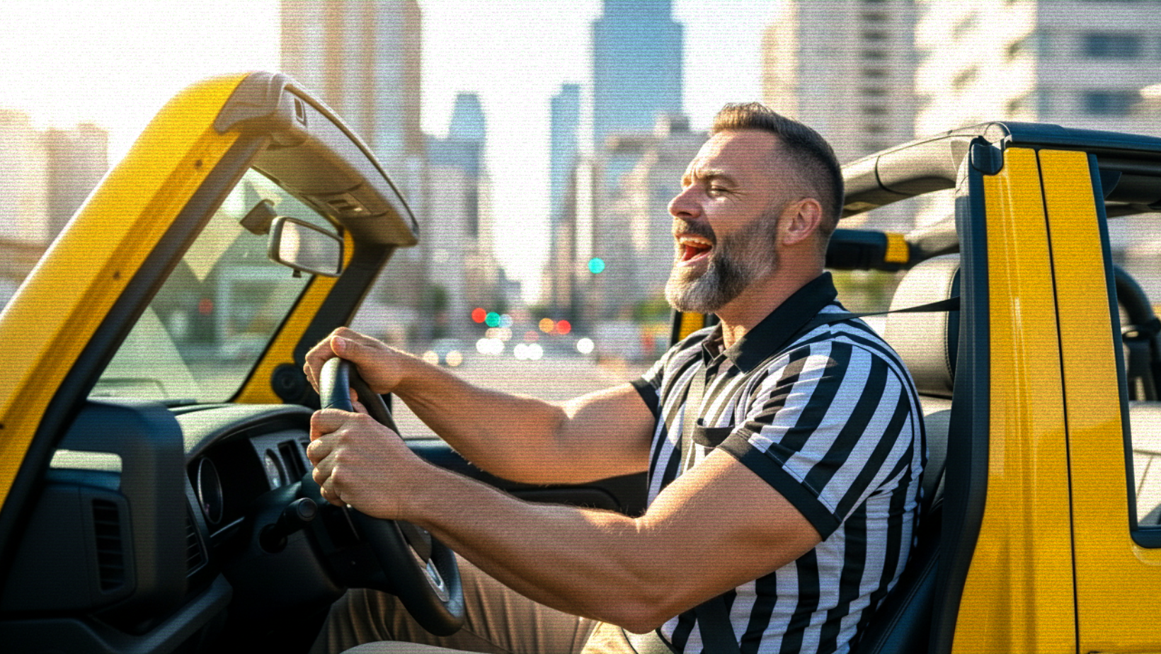 A man wearing a striped shirt joyfully drives a yellow convertible with the top down through a city street, with tall buildings and sunlight in the background.