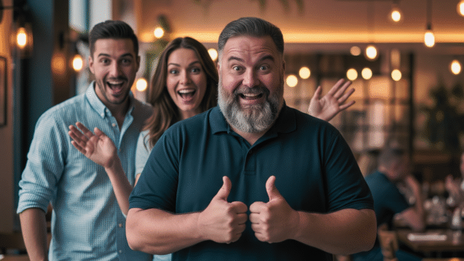 Three cheerful people indoors, with a bearded man in front giving two thumbs up and smiling, while a man and woman behind him wave and look excited. The background is warmly lit with hanging lights.