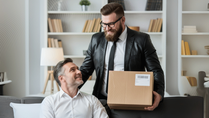 A man in a suit hands a cardboard box to a seated man in a white shirt on a sofa. They are indoors, smiling at each other, with bookshelves and decorative items in the background.