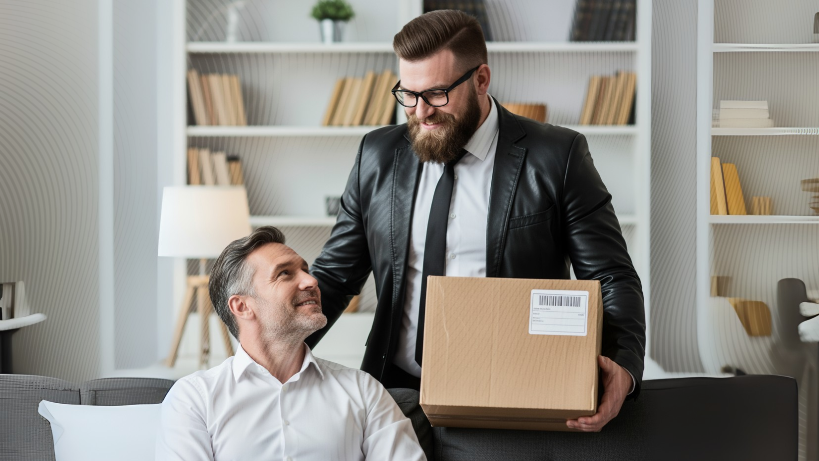 A man in a suit hands a cardboard box to a seated man in a white shirt on a sofa. They are indoors, smiling at each other, with bookshelves and decorative items in the background.