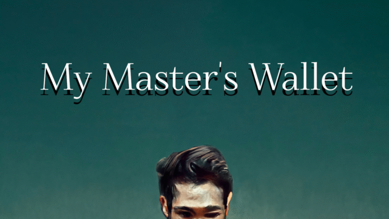 A young man with dark hair and a beard smiling, standing below the large text My Masters Wallet on a teal background.