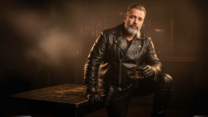 A mature man with a gray beard wearing a black leather jacket and gloves leans on a wooden table, holding a glass of whiskey, in a dimly lit room with a warm, moody atmosphere.