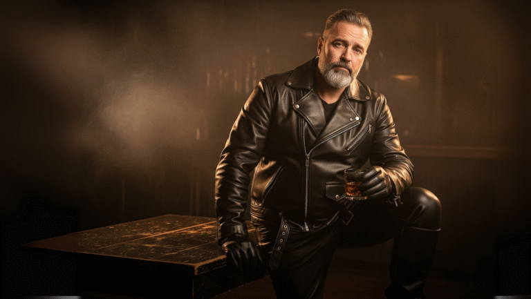 A mature man with a gray beard wearing a black leather jacket and gloves leans on a wooden table, holding a glass of whiskey, in a dimly lit room with a warm, moody atmosphere.