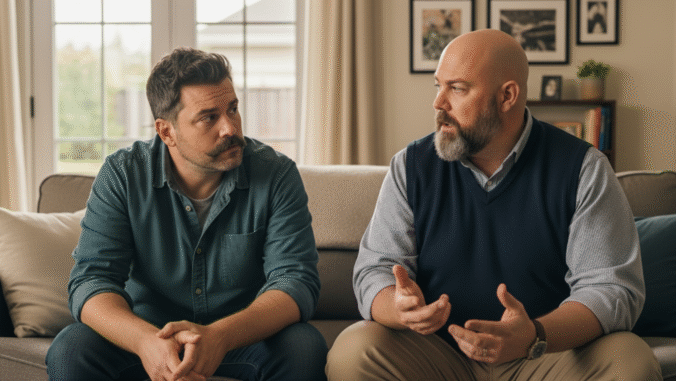 Two men sit on a couch indoors, engaged in a serious conversation. One has a mustache and wears a denim shirt, while the other is bald with a beard and wears a sweater vest. Family photos are visible in the background.
