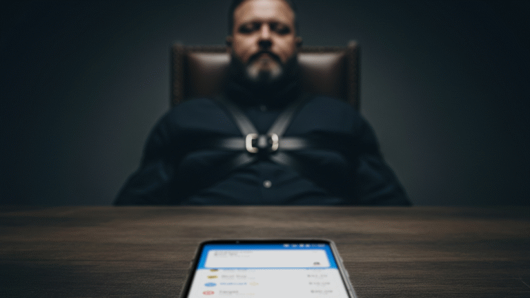 A man is strapped to a chair in a dimly lit room, sitting behind a table with a smartphone displaying a messaging app in focus in the foreground.