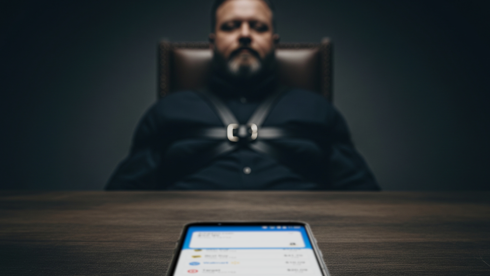 A man is strapped to a chair in a dimly lit room, sitting behind a table with a smartphone displaying a messaging app in focus in the foreground.