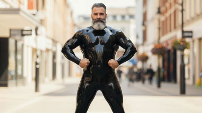 A man with a gray beard stands confidently in the middle of a city street, wearing a shiny black bodysuit. Buildings and blurred pedestrians are visible in the background.
