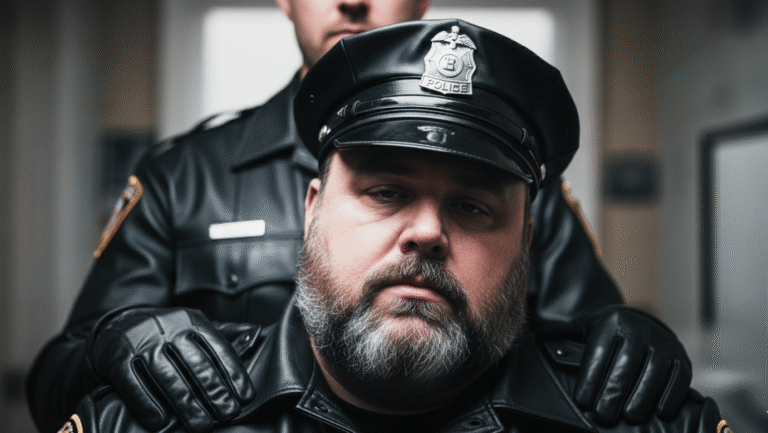 Two police officers in uniform, one sitting in front with a serious expression and the other standing behind with hands resting on the first officers shoulders, both inside a police station.