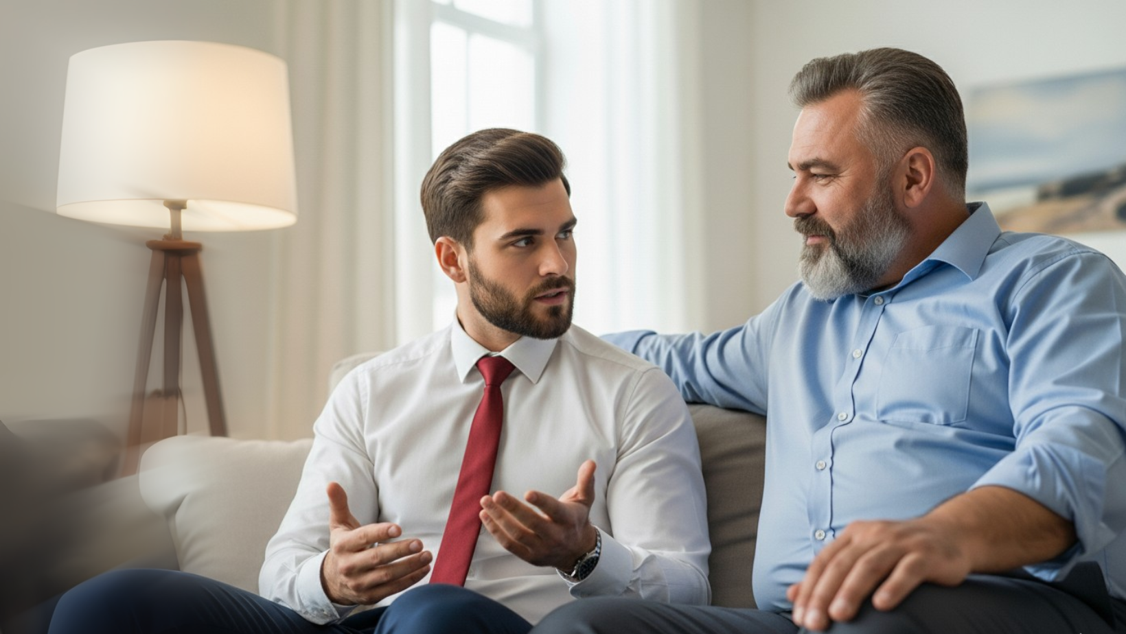 A younger man in a shirt and red tie sits on a couch talking seriously with an older man who has gray hair and a beard. They appear to be having an important conversation in a well-lit living room.