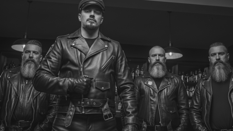 Four men with beards wear black leather jackets and stand confidently in a dimly lit bar, with shelves of bottles behind them. The man in front wears gloves and a cap, giving a commanding presence.