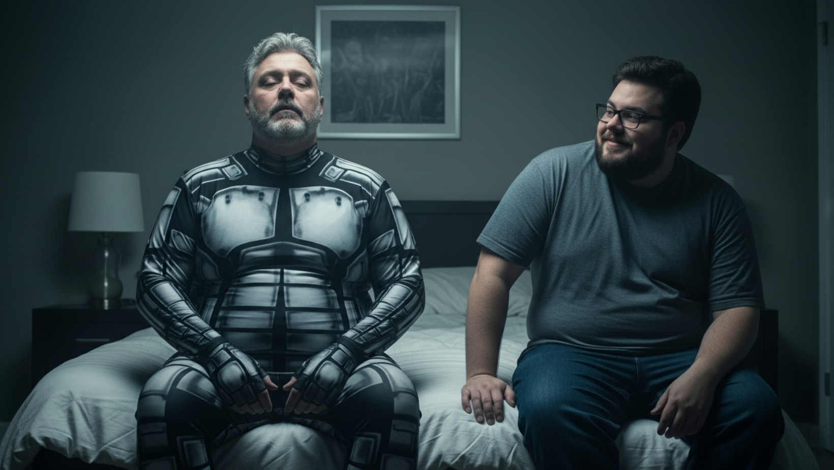 Two men sit on a bed in a dimly lit room; one wears a futuristic armored suit with eyes closed, while the other, in glasses and a t-shirt, smiles at him. A lamp and framed picture are visible in the background.