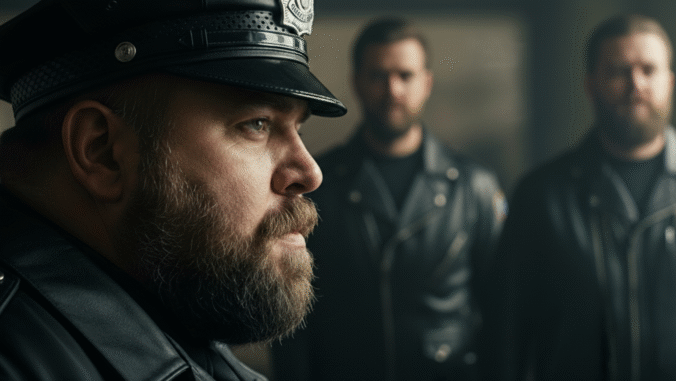 A stern-looking man in a police uniform is in the foreground, with two men in black leather jackets standing blurred in the background.