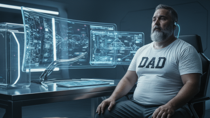 A man with a gray beard wearing a DAD t-shirt sits in front of a futuristic, curved holographic computer display in a modern, high-tech room.