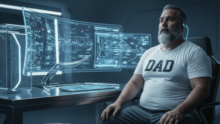 A man with a gray beard wearing a DAD t-shirt sits in front of a futuristic, curved holographic computer display in a modern, high-tech room.