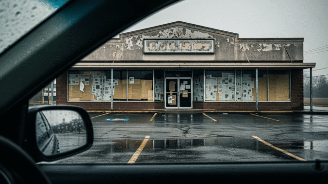 View through a car window of an abandoned, boarded-up store with a faded sign, wet parking lot, and cloudy sky, suggesting recent rain and a sense of emptiness or decay.