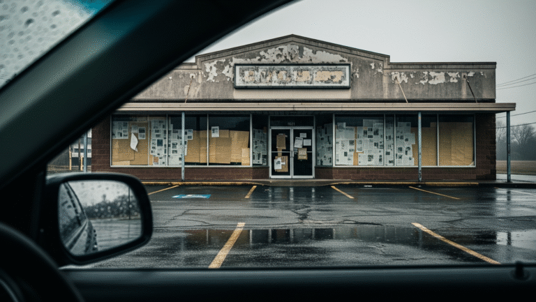 View through a car window of an abandoned, boarded-up store with a faded sign, wet parking lot, and cloudy sky, suggesting recent rain and a sense of emptiness or decay.