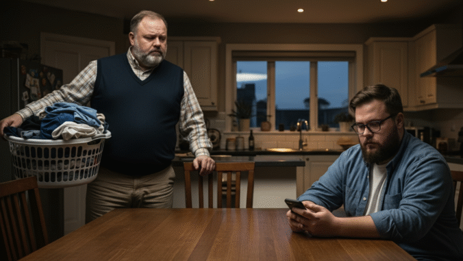 An older man holding a laundry basket stands by a table, looking at a younger man who is sitting and using his phone in a kitchen during the evening.