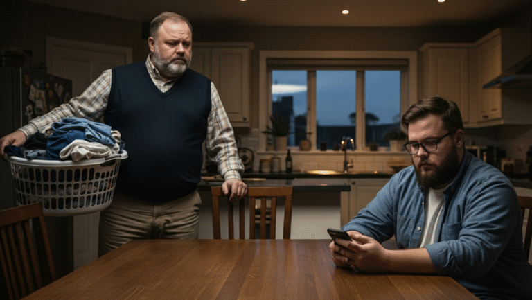 An older man holding a laundry basket stands by a table, looking at a younger man who is sitting and using his phone in a kitchen during the evening.