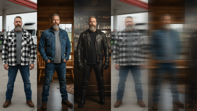 A man with a beard is shown in five frames, wearing various outfits including plaid, denim, and leather jackets. Some images are clear, while others are blurred, suggesting motion or transition.